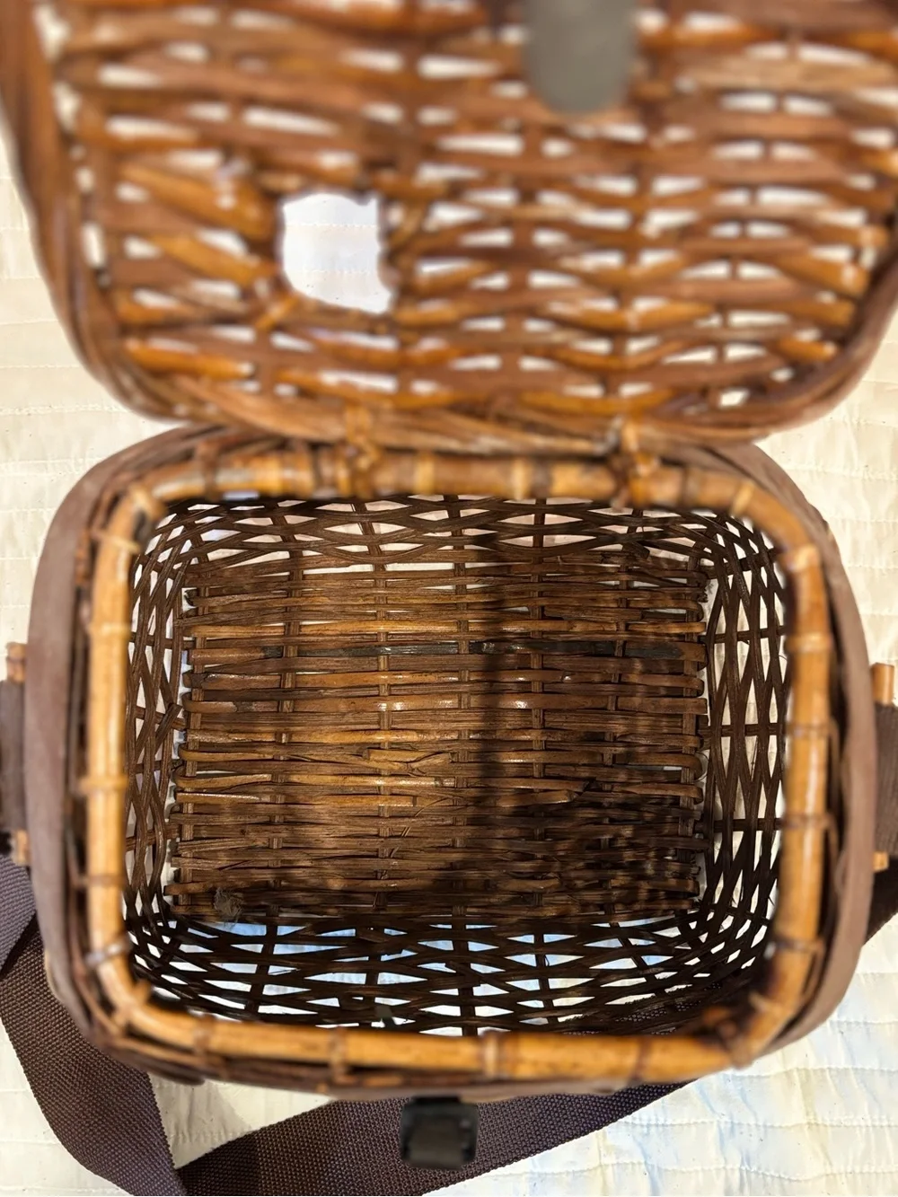 Vintage Wicker Fishing Creel Basket Leather Trim Shoulder Strap Cottagecore